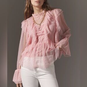 ANTHROPOLOGIE Long-Sleeve Ruffle Sheer Blouse NWT Size Small